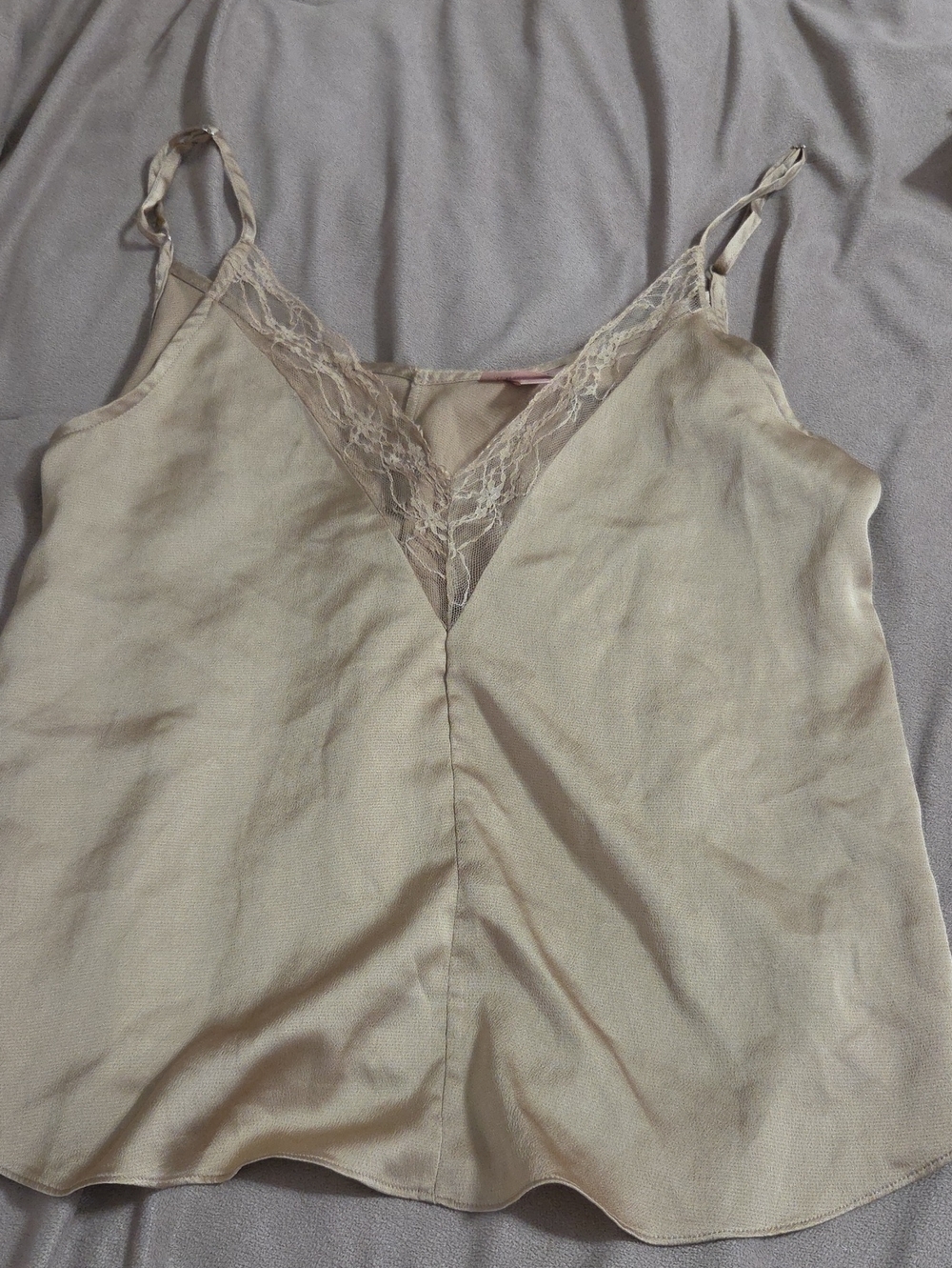 Silky Lace Trim Cami Tank Top - Light Beige